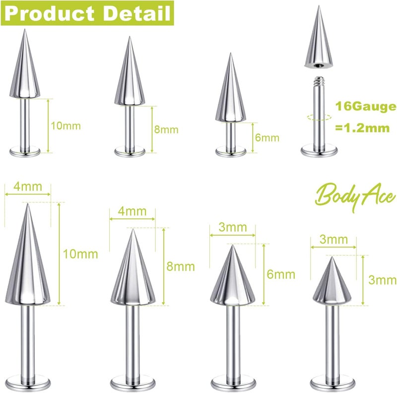 BodyAce 16G Spike Flact Back Earrings Cartilage Lip Rings, Stainless Steel Daith Helix Tragus Studs, Rook Lobe Lip Piercing for Women Men - Image 2